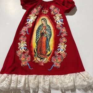 Red Dress with Virgin Mary Print and Lace Trim